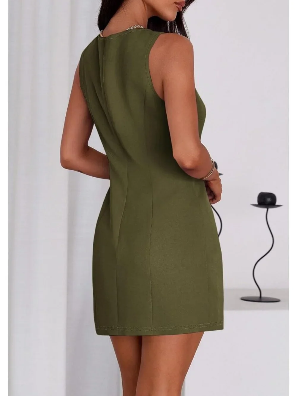 Pretty Garden Women's Army Green Sleeveless Button Down Elegant Mini Dress - Picture 2 of 6